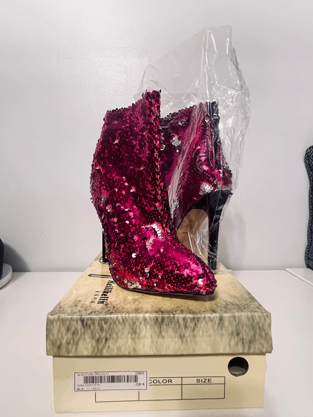 SHEIN Hot Pink Sequin Stiletto Ankle Boots